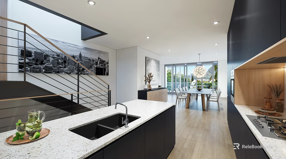 Modern Restaurant Interior Design With Open Kitchen Island Counter And Dining Area 3d model 