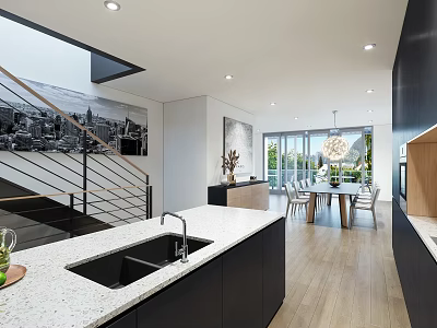Modern Restaurant Interior Design With Open Kitchen Island Counter And Dining Area 3d model