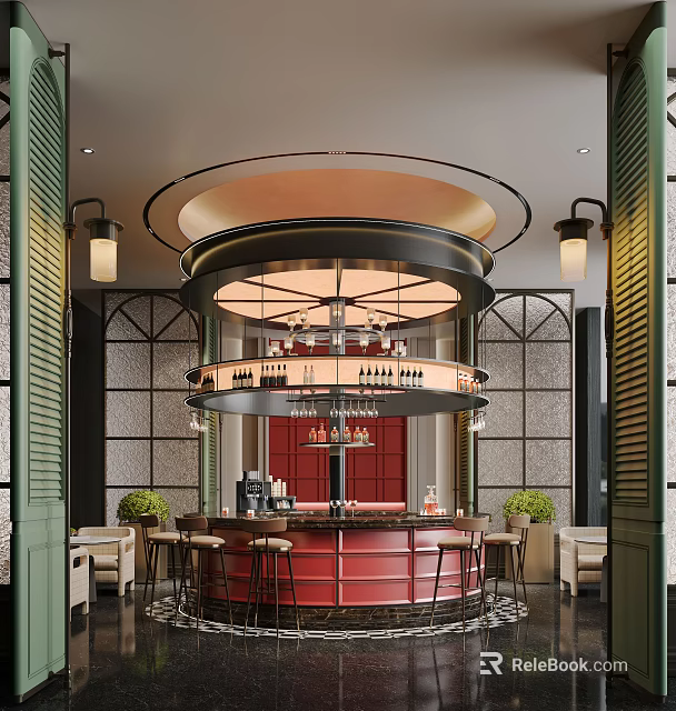 Elegant Circular Bar with Red Countertop Bar Stools Wine Racks Hanging Chandeliers and Decorative Plants 3d model 