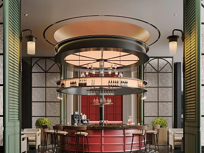 Elegant Circular Bar with Red Countertop Bar Stools Wine Racks Hanging Chandeliers and Decorative Plants 3d model