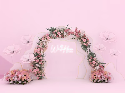 Pink Event Entrance Arch Decorated With Flowers Green Leaves And LOVE Sign 3d model
