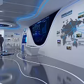 Futuristic Tech Exhibition Hall With Circular Platform Blue Lighting And Interactive Displays