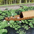 Peaceful Waterside Landscape With Lotus Leaves Pink Flowers Small Boat And Tea Set