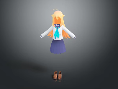 Cartoon Style Outfit With White Shirt Blue Tie Purple Skirt And Brown Shoes 3d model