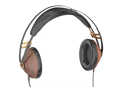 Over Ear Wired Headphones With Wooden Ear Cups Black Headband And Gold Accents 3d model