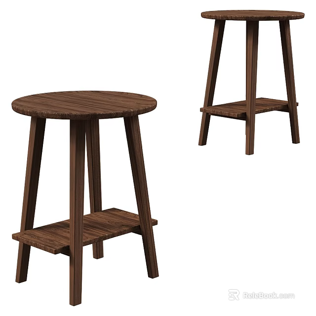 Wooden Side Table With Round Top Three Legs And Lower Shelf Design 3d model 