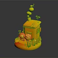 Miniature House Model With Red Roof Two Characters Fence Bird Green Plants And Cloud Decorations