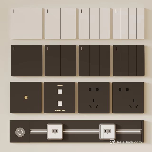 Modern Black And White Home Electrical Switch Panels Featuring Various Switches And Sockets 3d model 