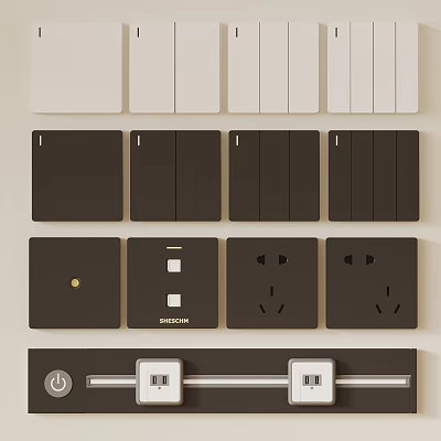 Modern Black And White Home Electrical Switch Panels Featuring Various Switches And Sockets 3d model