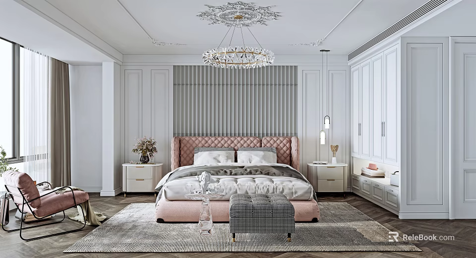 Elegant Luxury Bedroom Interior With Pink Headboard Crystal Chandelier White Walls Nightstands And Area Rug 3d model 