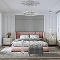 Elegant Luxury Bedroom Interior With Pink Headboard Crystal Chandelier White Walls Nightstands And Area Rug