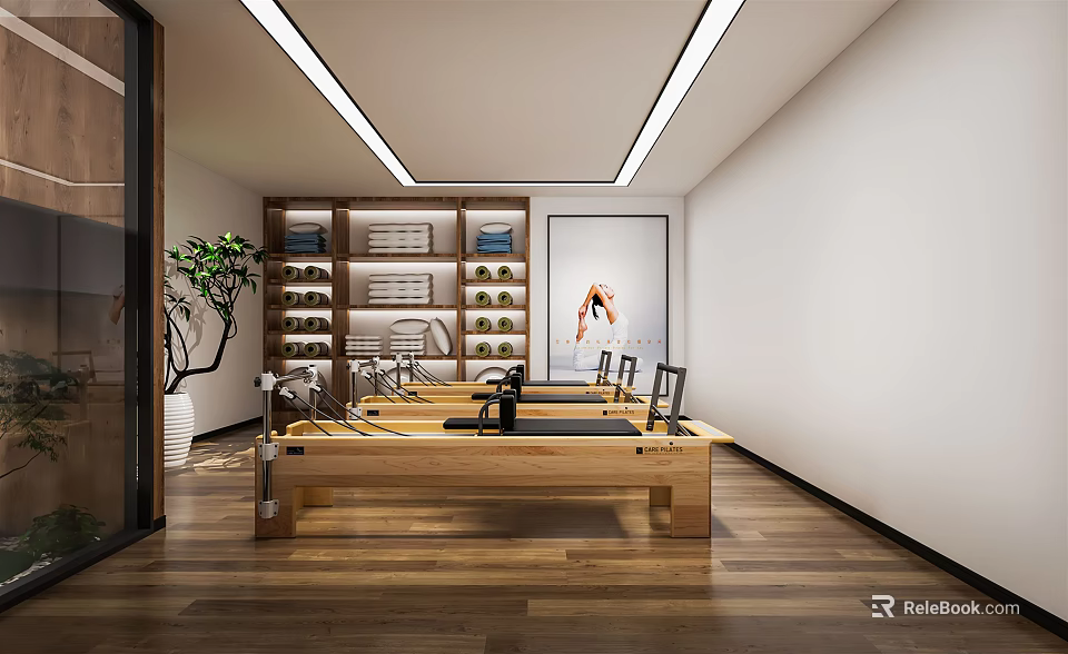 Pilates Fitness Studio Interior With Wooden Floor Reformer Equipment And Exercise Poster 3d model 
