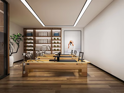 Pilates Fitness Studio Interior With Wooden Floor Reformer Equipment And Exercise Poster 3d model