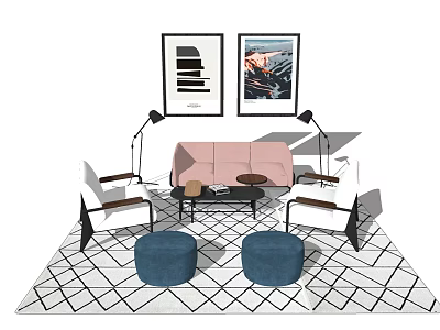 Sofa Coffee Table Set With Chairs Blue Ottomans Wall Art Floor Lamps On Geometric Rug 3d model