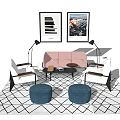 Sofa Coffee Table Set With Chairs Blue Ottomans Wall Art Floor Lamps On Geometric Rug