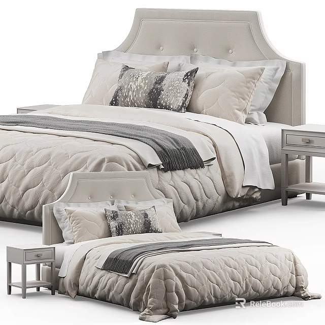 Double Bed With Tufted Headboard Beige Quilted Bedspread Decorative Pillows Throw Blanket And Nightstand 3d model 