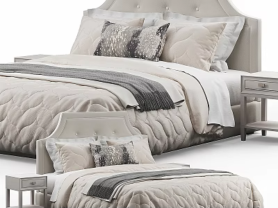 Double Bed With Tufted Headboard Beige Quilted Bedspread Decorative Pillows Throw Blanket And Nightstand 3d model