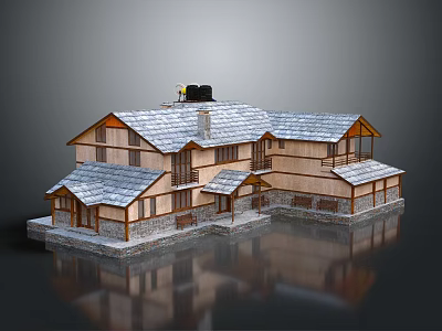 Cartoon Scene of Wooden Rural Villa With Gray Roof Chimney and Reflective Water Surface 3d model