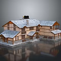 Cartoon Scene of Wooden Rural Villa With Gray Roof Chimney and Reflective Water Surface