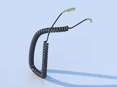 Black Spiral Coiled Cable With Gold Plated Connectors On Light Blue Background 3d model