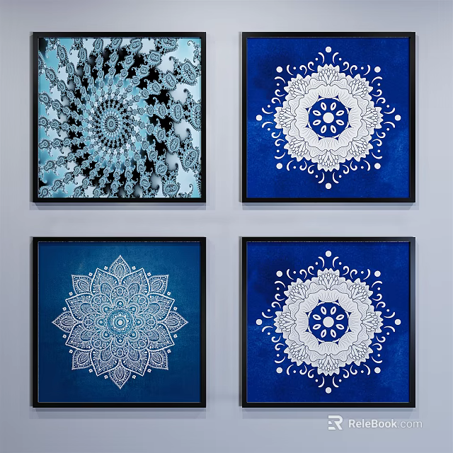 Four Blue Background Mandala Art Decorative Paintings With White Patterns 3d model