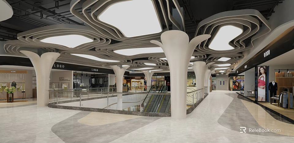 Spacious Shopping Mall Lobby With Abstract Ceiling Design White Columns Marble Flooring And Escalators 3d model 
