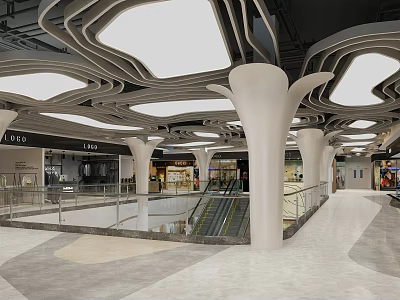Spacious Shopping Mall Lobby With Abstract Ceiling Design White Columns Marble Flooring And Escalators 3d model