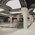 Spacious Shopping Mall Lobby With Abstract Ceiling Design White Columns Marble Flooring And Escalators