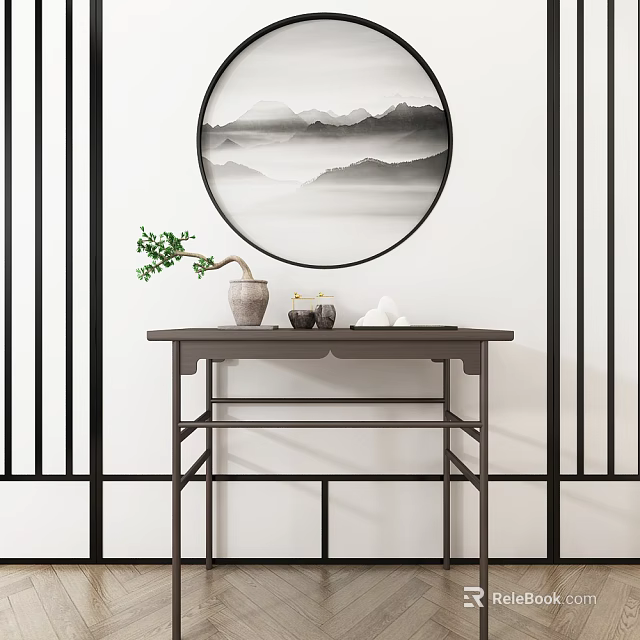 Chinese Console Table with Circular Ink Wash Landscape Painting Green Bonsai and Black White Screen 3d model 
