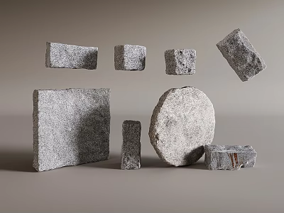 Various Shaped Different Sizes Stones And Textured Wood On Gray Background 3d model