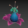 Colorful Floral Design With Pink Petals Blue Vase Like Structure And Yellow Stamens