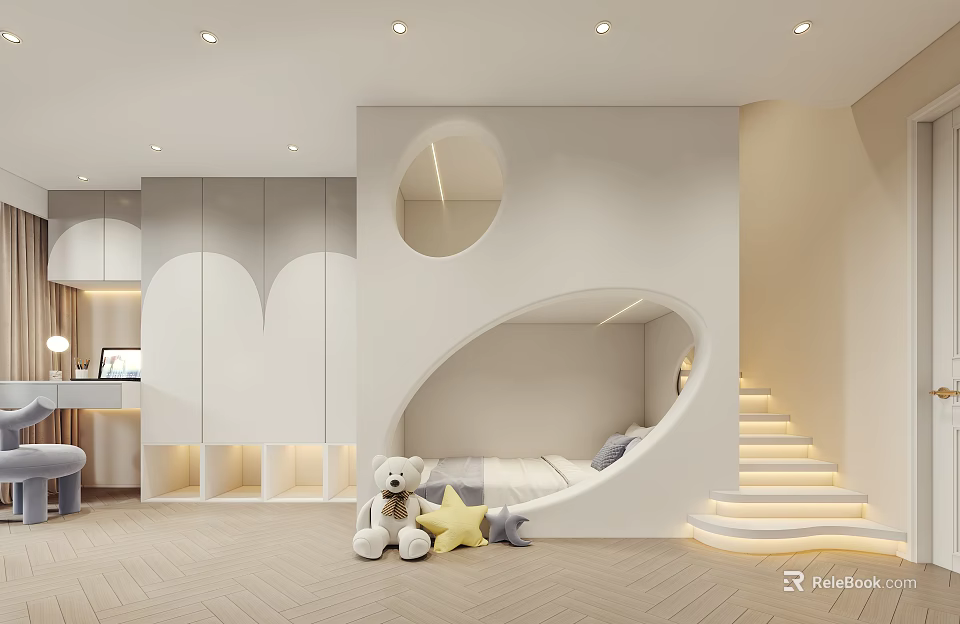 Modern Kids Room Interior With Built-in Bed Circular Window Stuffed Toys And Staircase 3d model