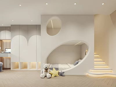 Modern Kids Room Interior With Built-in Bed Circular Window Stuffed Toys And Staircase 3d model