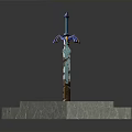Decorative Ancient Sword With Wing Shaped Hilt On Square Marble Pedestal