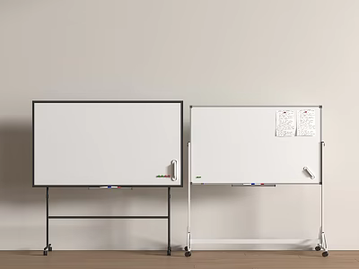 Two Whiteboards with Black and White Stands Attached Papers and Markers 3d model