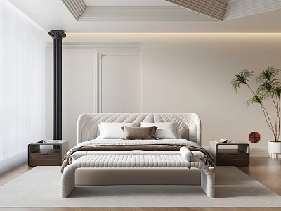 Modern Double Bed Interior With Beige Upholstered Headboard Striped Bedspread Two Nightstands And Palm Plant 3d model