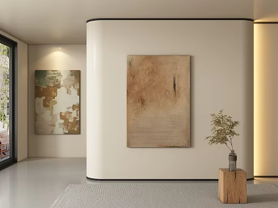 Modern Interior Design With Abstract Paintings And Potted Plant On Wooden Pedestal 3d model