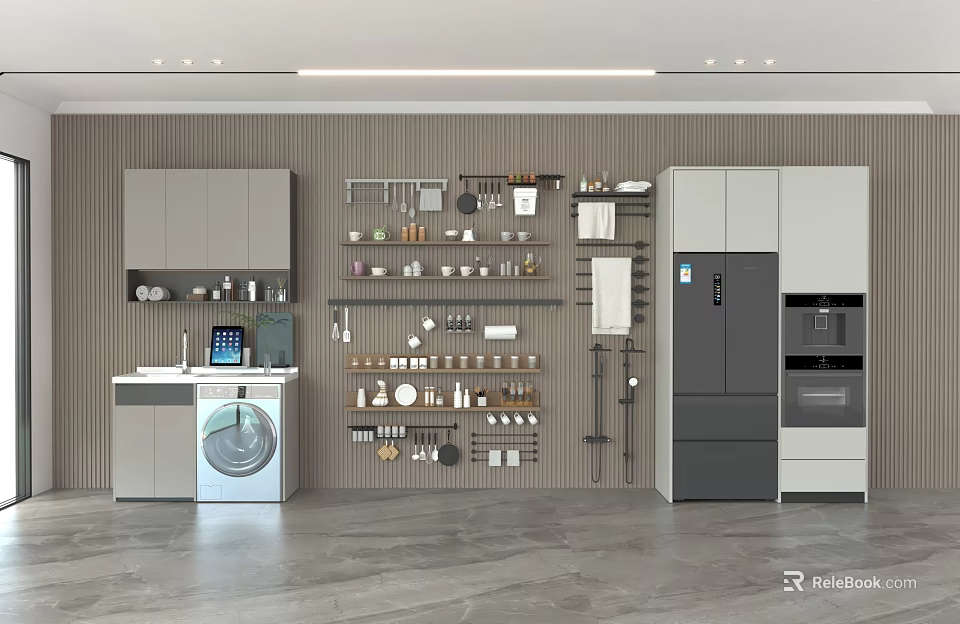 Kitchen Appliances In Modern Kitchen With Gray Cabinets Built-in Refrigerator Oven And Washing Machine 3d model 