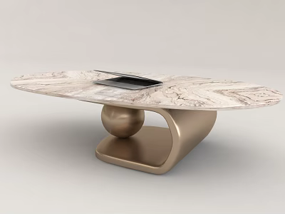Elegant Marble Coffee Table With Curved Metal Base And Oval Top Featuring Tablet 3d model