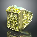 Ornate Gold Ring With Intricate Filigree Patterns And Square Shield Design 3d model