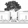 Modern Cafe With Large Centered Tree Glass Walls Indoor Tables Chairs And Green Plants