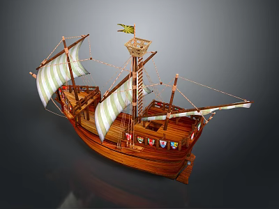 Wooden Sailing Ship with White and Green Striped Sails Yellow Flag and Detailed Wooden Structure 3d model