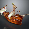 Wooden Sailing Ship with White and Green Striped Sails Yellow Flag and Detailed Wooden Structure