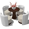 Comfortable White Leisure Chairs Around Round Wooden Table With Red Flower Vase