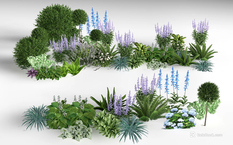 Elegant Flower Stand Displaying Various Green Plants Purple And Blue Flowers 3d model 