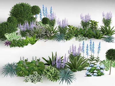 Elegant Flower Stand Displaying Various Green Plants Purple And Blue Flowers 3d model
