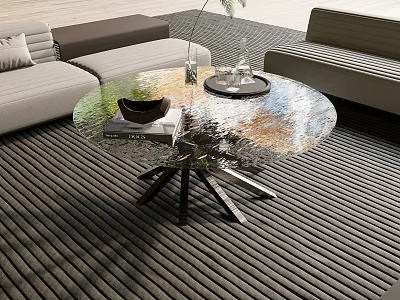Modern Round Glass Coffee Table With Textured Top And Black Metal Legs In Living Room 3d model