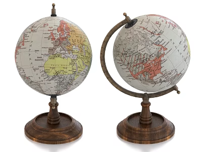 Decorative Ornament Set with Vintage Globes on Wooden Bases for Home Decor 3d model