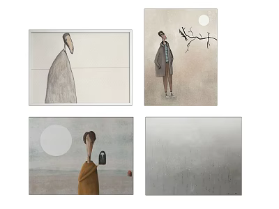 Minimalist Art Paintings Featuring Human Figures Moon Tree Branch And Misty Scenes 3d model