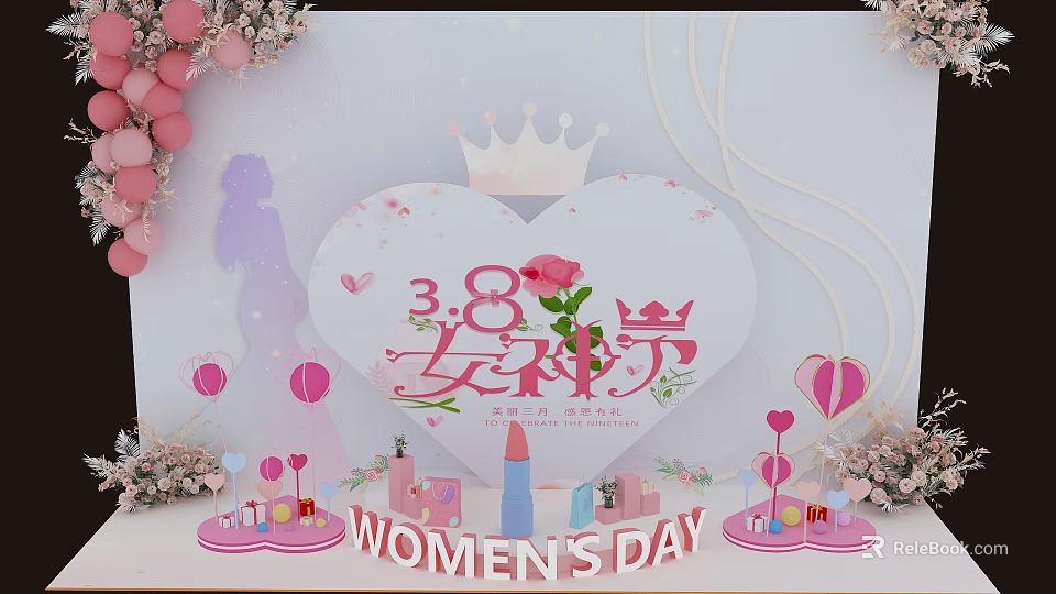 Women's Day Decorative Setup With Heart Shaped Crown Rose Cosmetic Models And Pink Balloons 3d model 